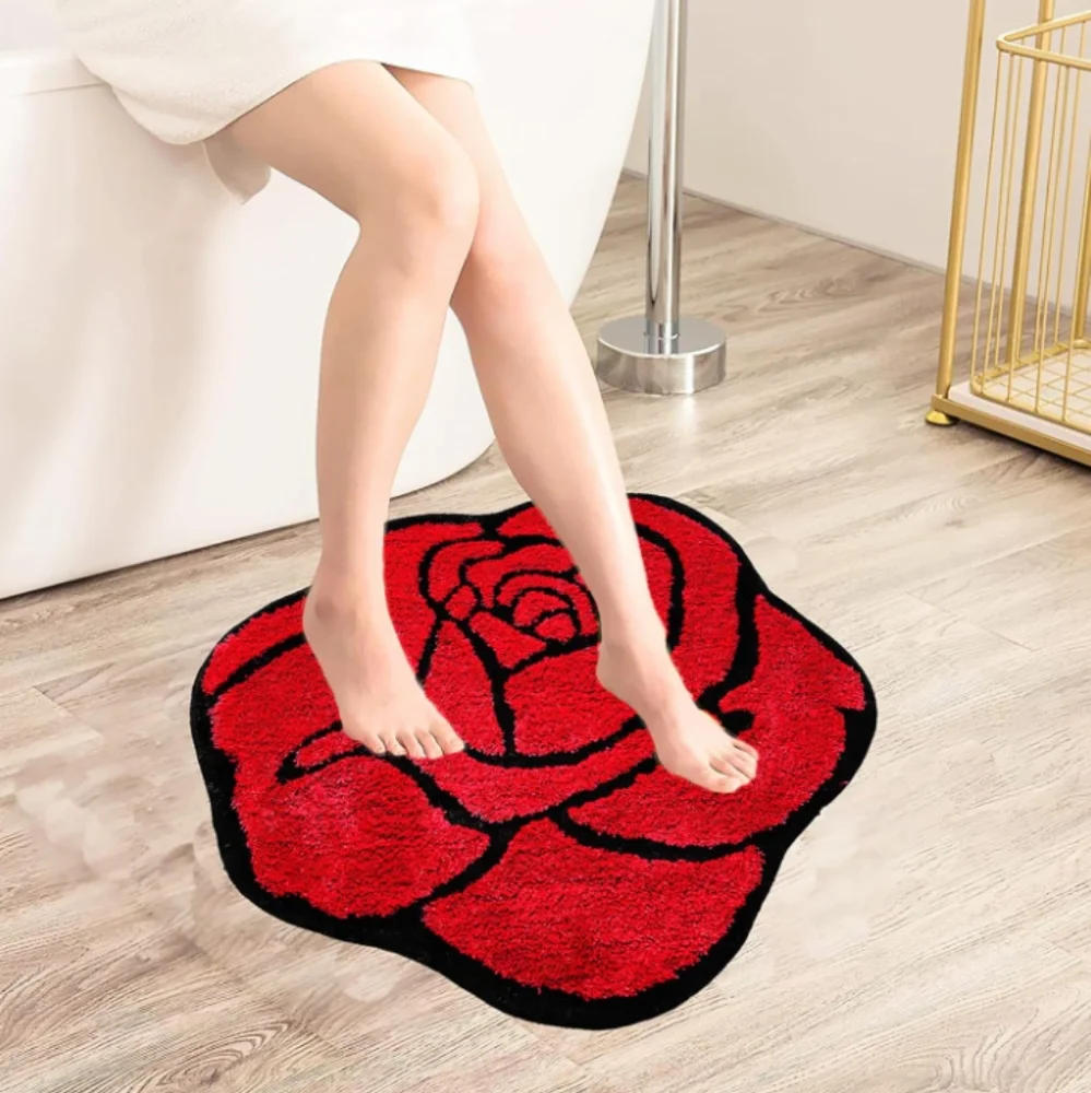 Red Rose Shaped Bath Mat Bedroom Rug Doormat Flower Shape Floral Romantic Decor